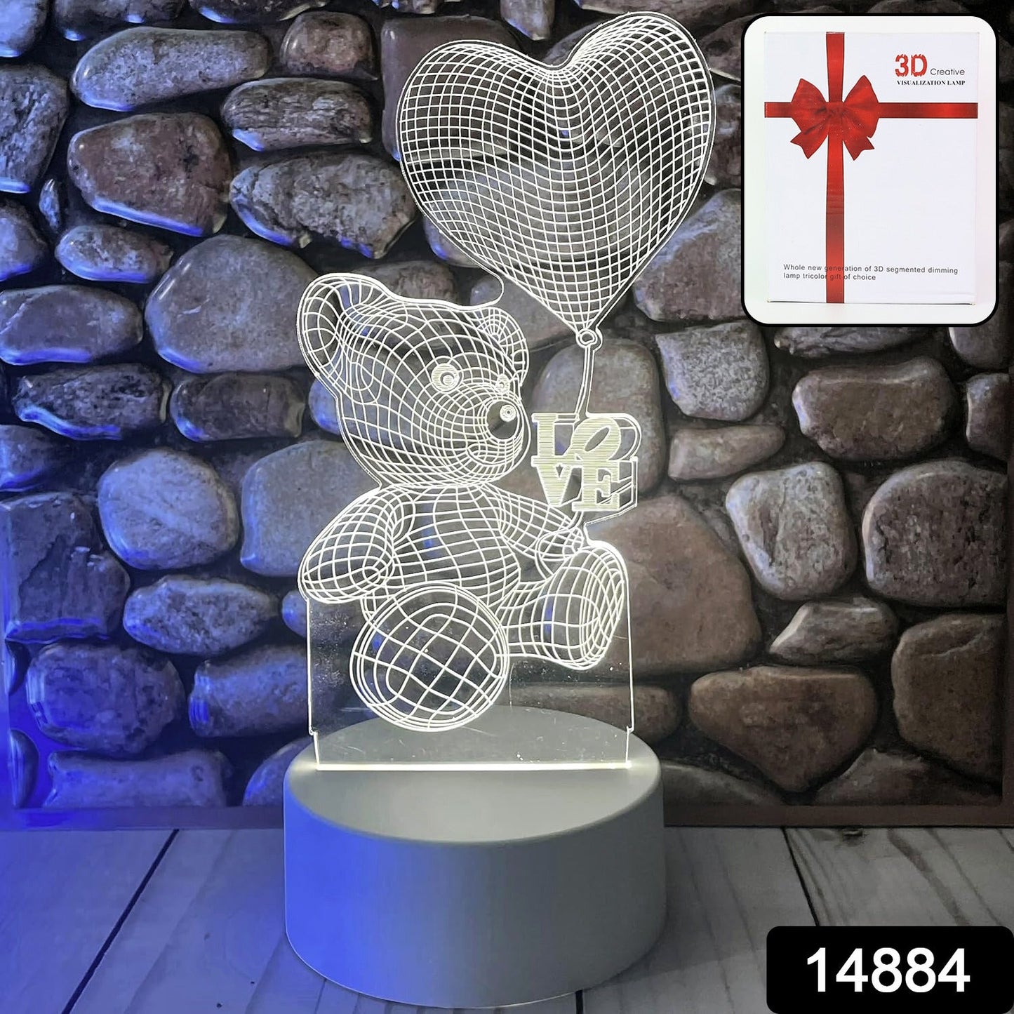 3D Illusion LED Night Lamp with Teddy Bear Holding Heart Design