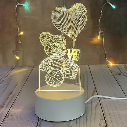 3D Illusion LED Night Lamp with Teddy Bear Holding Heart Design
